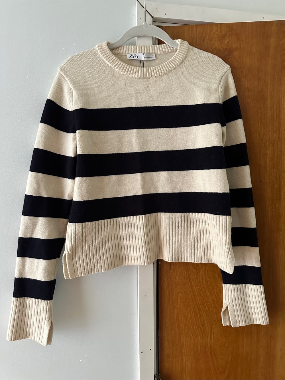 Zara Cream and Black Wide-Stripe Crew Sweater